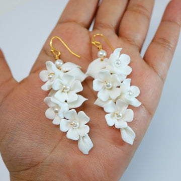 White Flower Petals Pearl Earrings, Long Bridal Jewelry Bridal Earrings Crystal Bridal Earrings Statement Earrings Cz